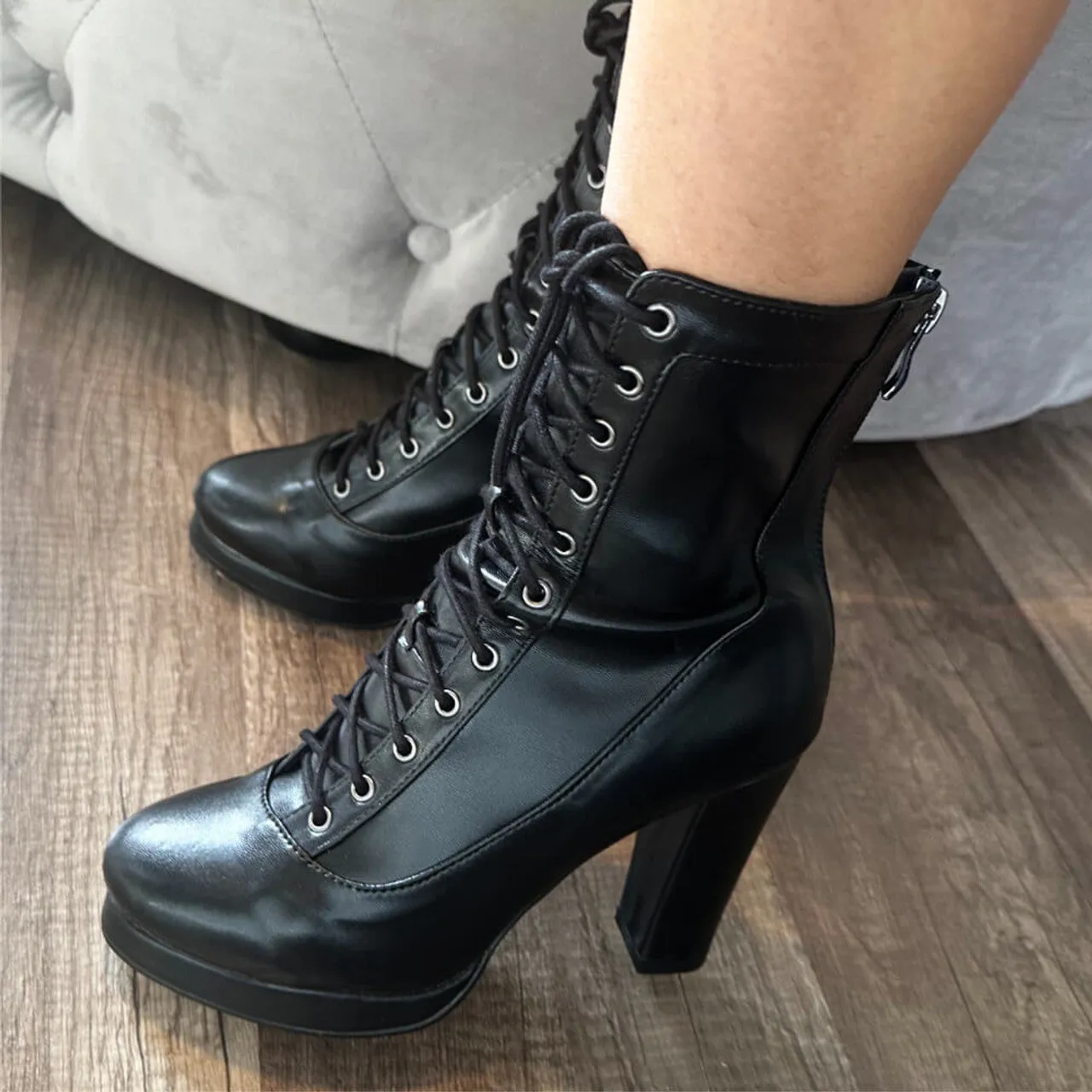 Composite Toe Work Boots Aadijay Latin Dance Shoes - Black Vegan Leather Lace Up Platform Boot (Rubber Sole).