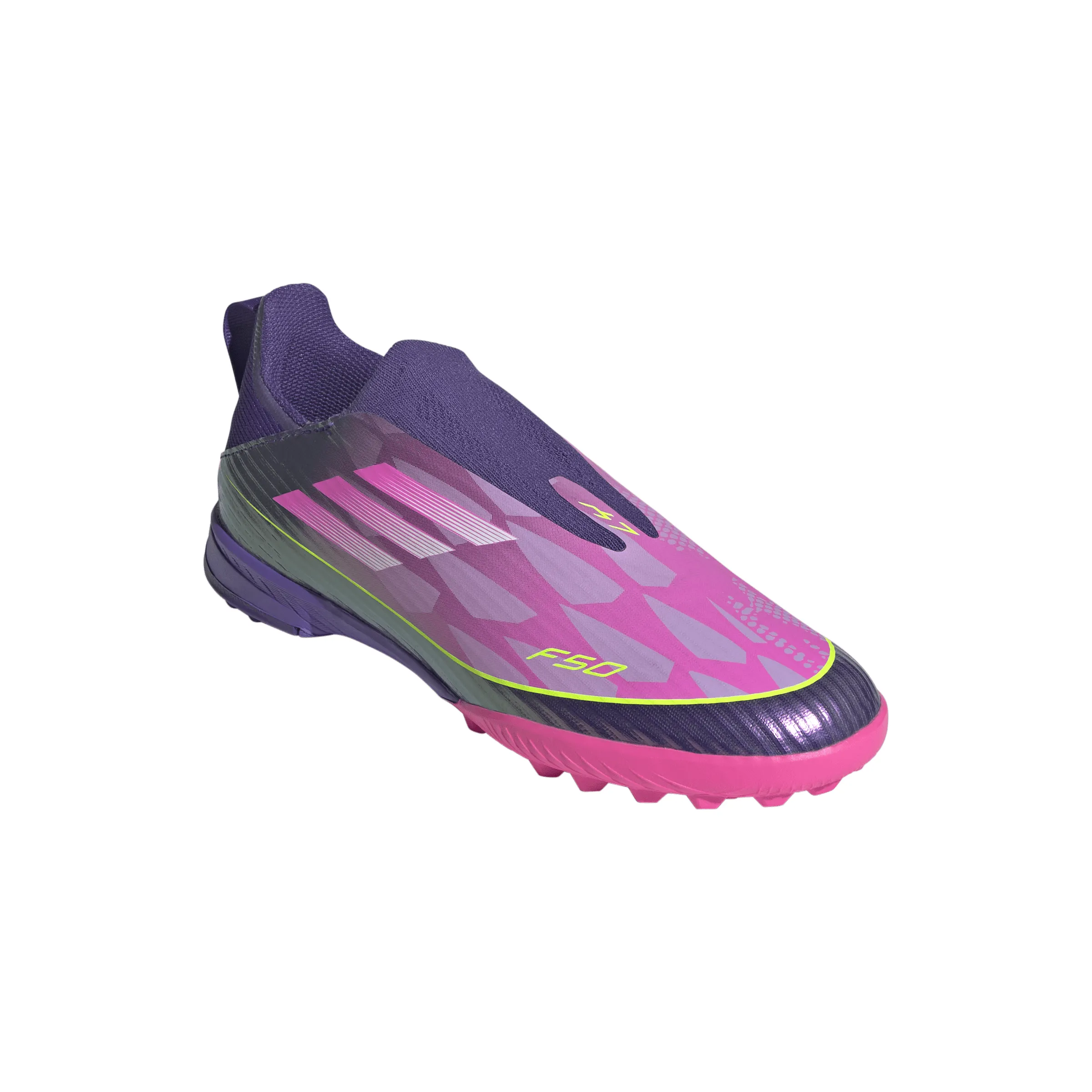 adidas Junior F50 League LY Lamine Yamal TF Turf Soccer Shoes - Purple / Unity purple/ FTwr white/ Lucid Lemon Repair Soccer Cleats