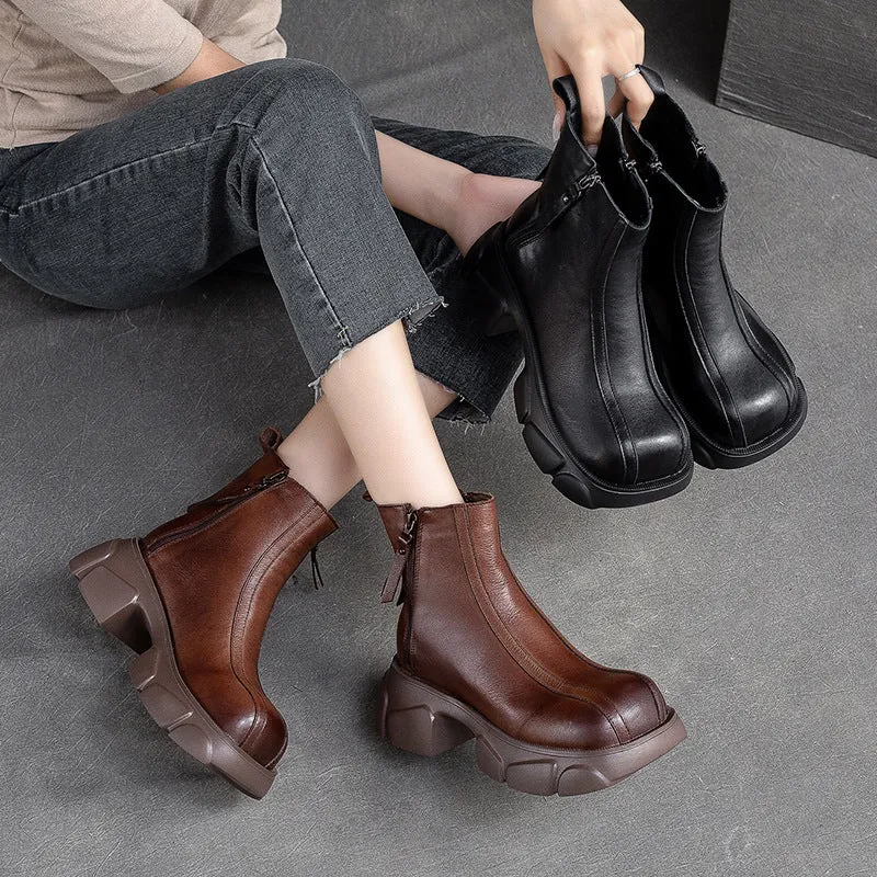 Square Toe Lace Up Work Women Retro Minimalist Casual Leather Chunky Heel Boots
