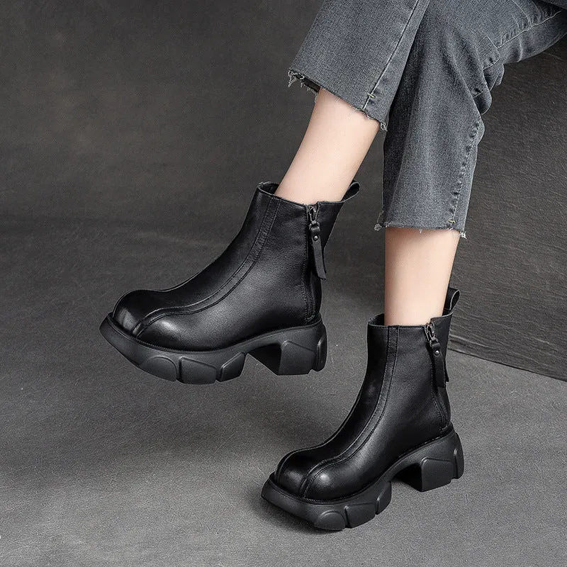 Women Retro Minimalist Casual Leather Chunky Heel Boots Cheap Square Toe Boots