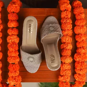 Slides With Flowers Vivah (gold green satin blocks sliders)