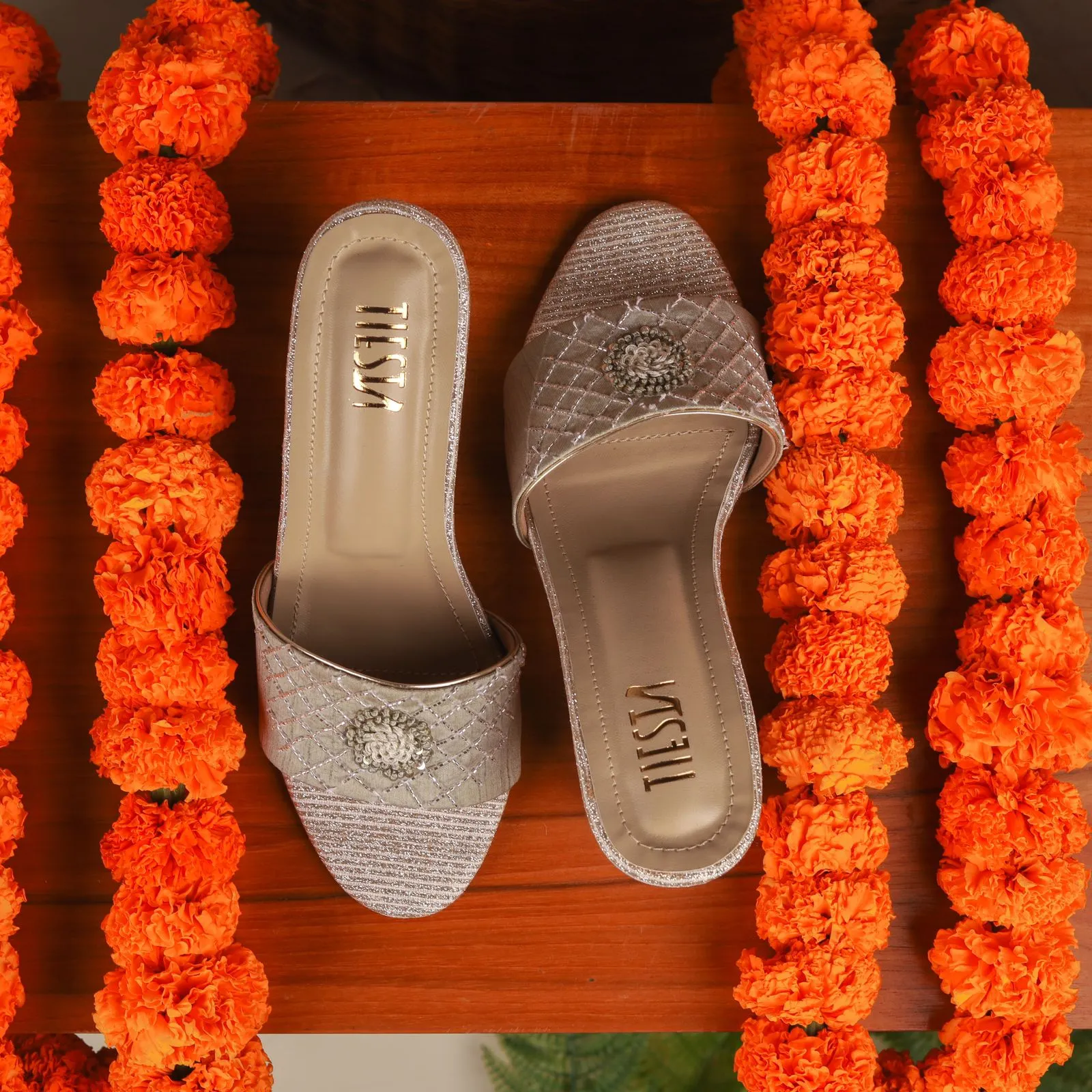 Vivah (gold green satin blocks sliders) Comfortable Slides