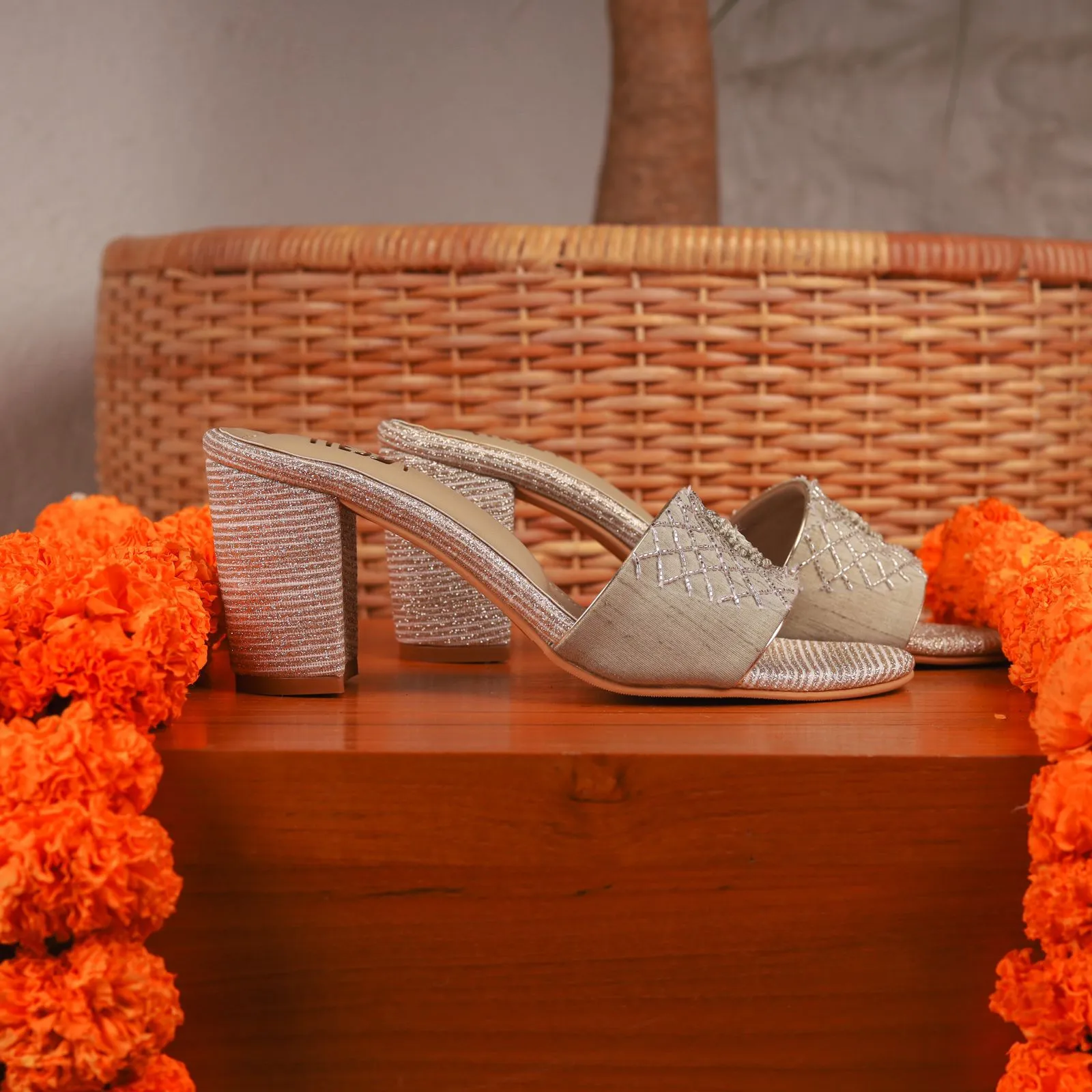 Vivah (gold green satin blocks sliders) Western Chief Slippers