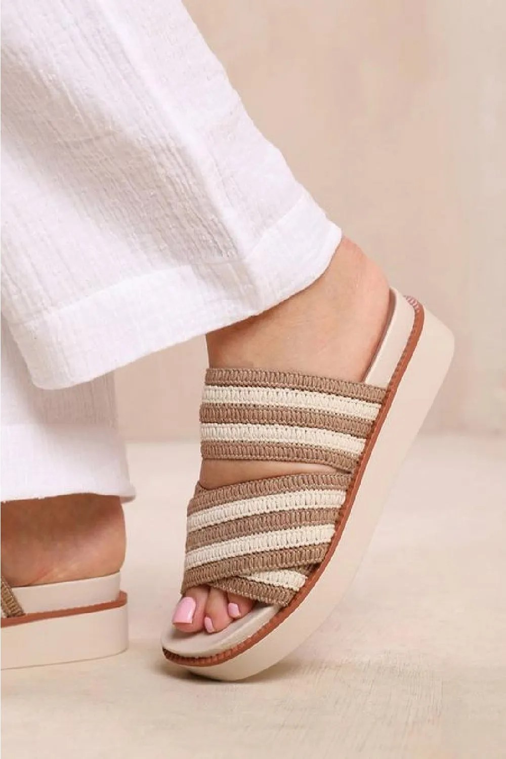 Qvc Revitalign Slippers MOCHA BEIGE WOVEN CROSS STRAP FLATFORM SLIDER SANDAL (PACK B)