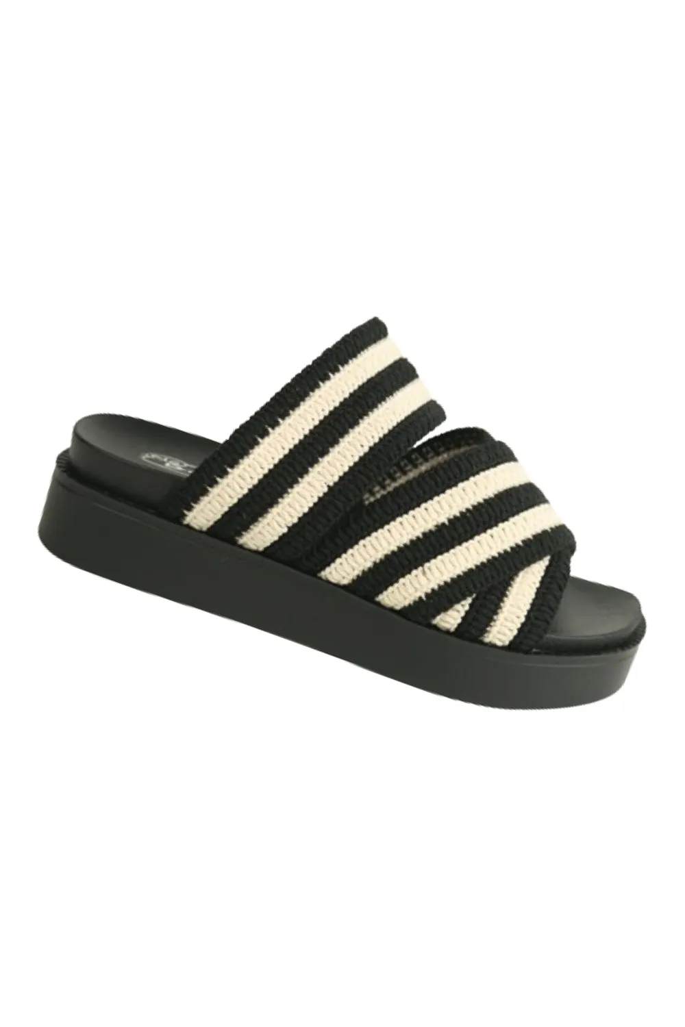 Driving With Slippers BLACK BEIGE WOVEN CROSS STRAP FLATFORM SLIDER SANDAL