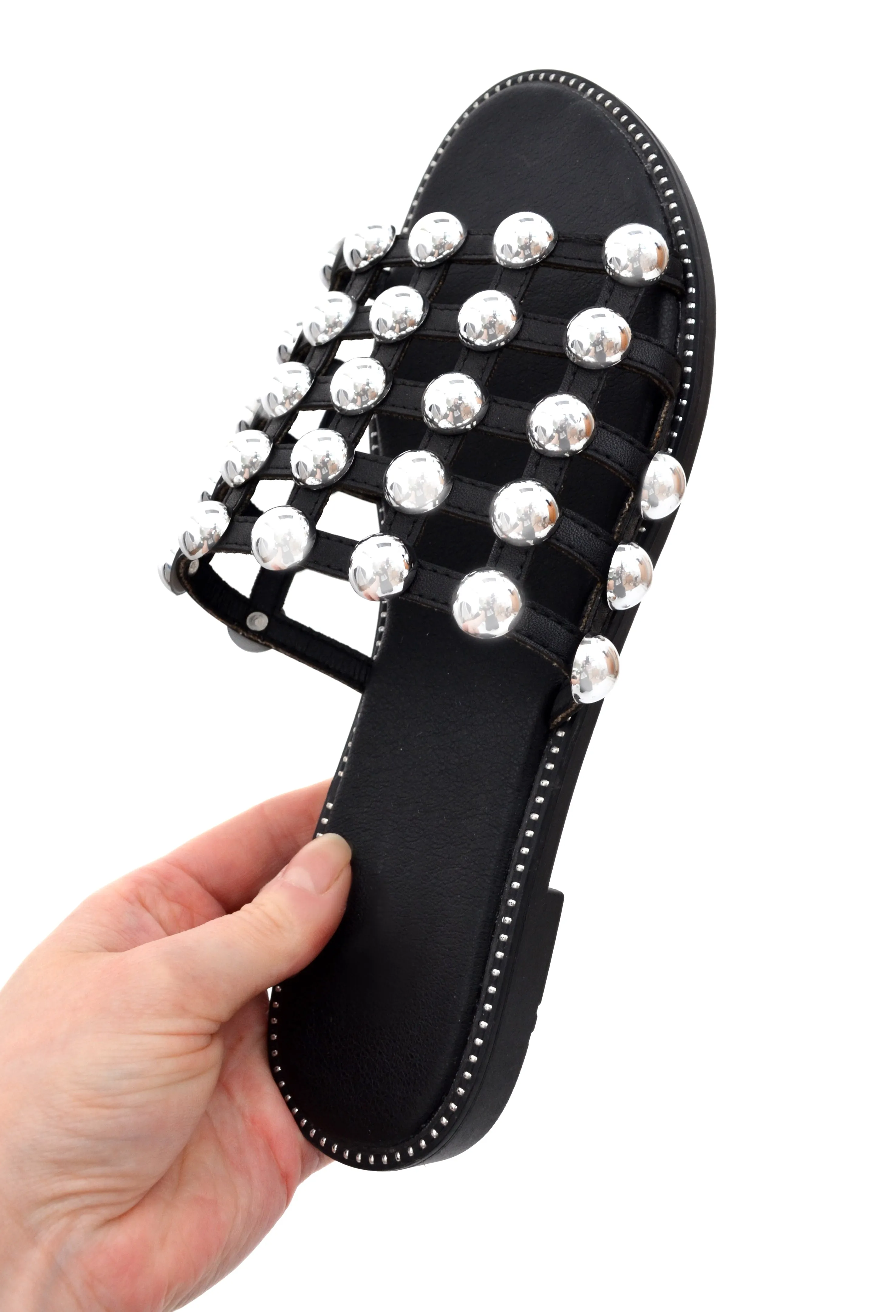 Very G Slippers Black PU Studded Caged Slider Sandals (PACK B)