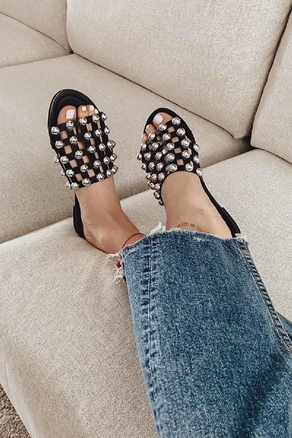 Mooncake Slippers Black PU Studded Caged Slider Sandals