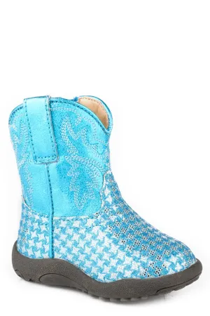Roper Infant Girls Cowbabies Glitter Glam Blue Faux Leather 4in Cowboy Boots Rubber Cowboy Boots