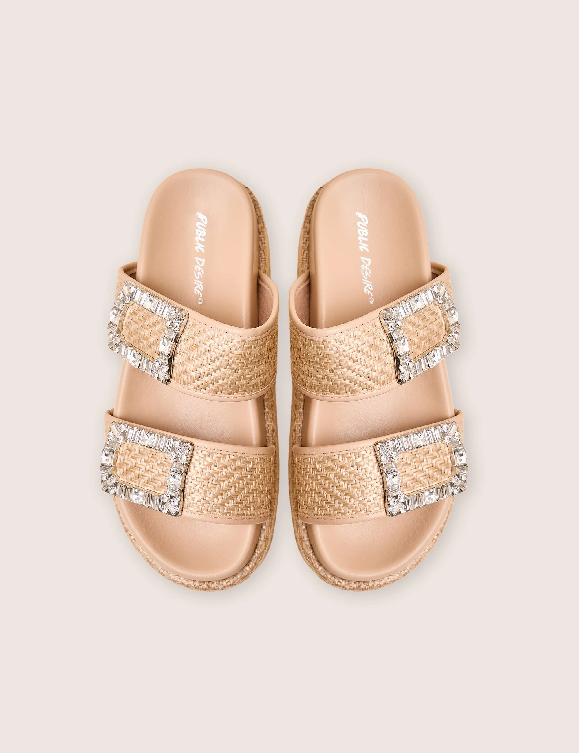 Bettie Natural Rattan Diamante Buckle Detail Flatform Slider Sandals Southern Slippers