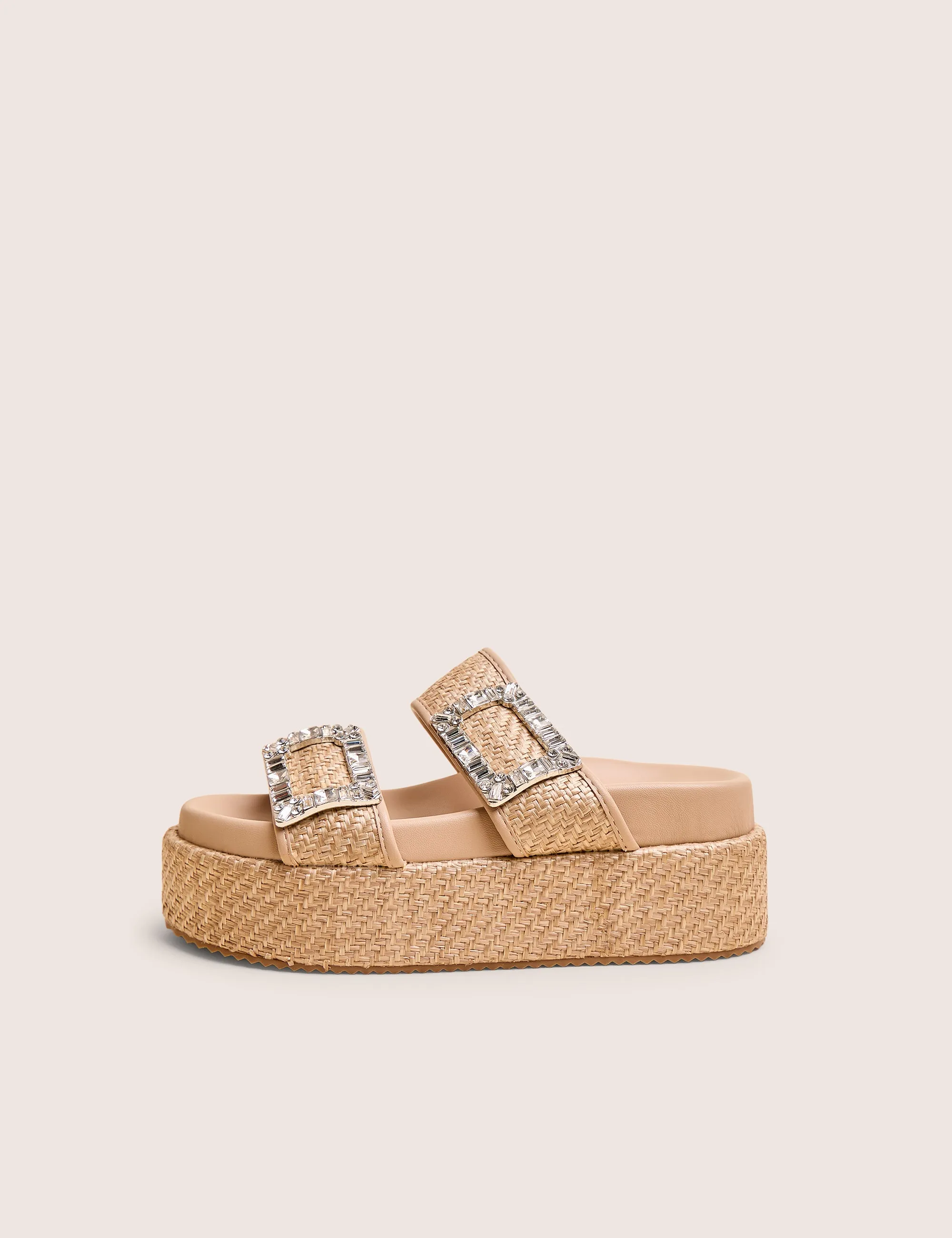 Camp Slippers Bettie Natural Rattan Diamante Buckle Detail Flatform Slider Sandals