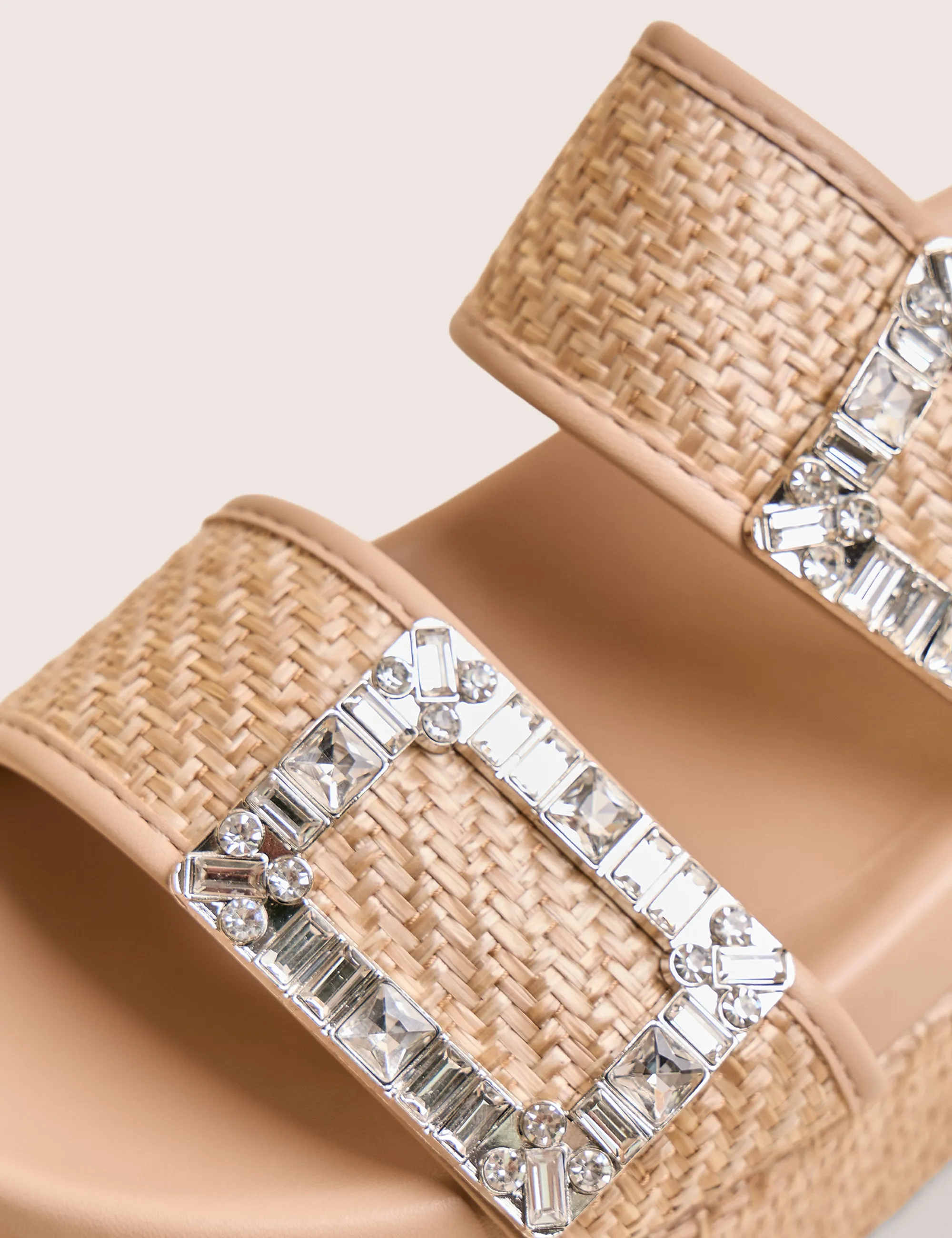 Bettie Natural Rattan Diamante Buckle Detail Flatform Slider Sandals Slippers Cute