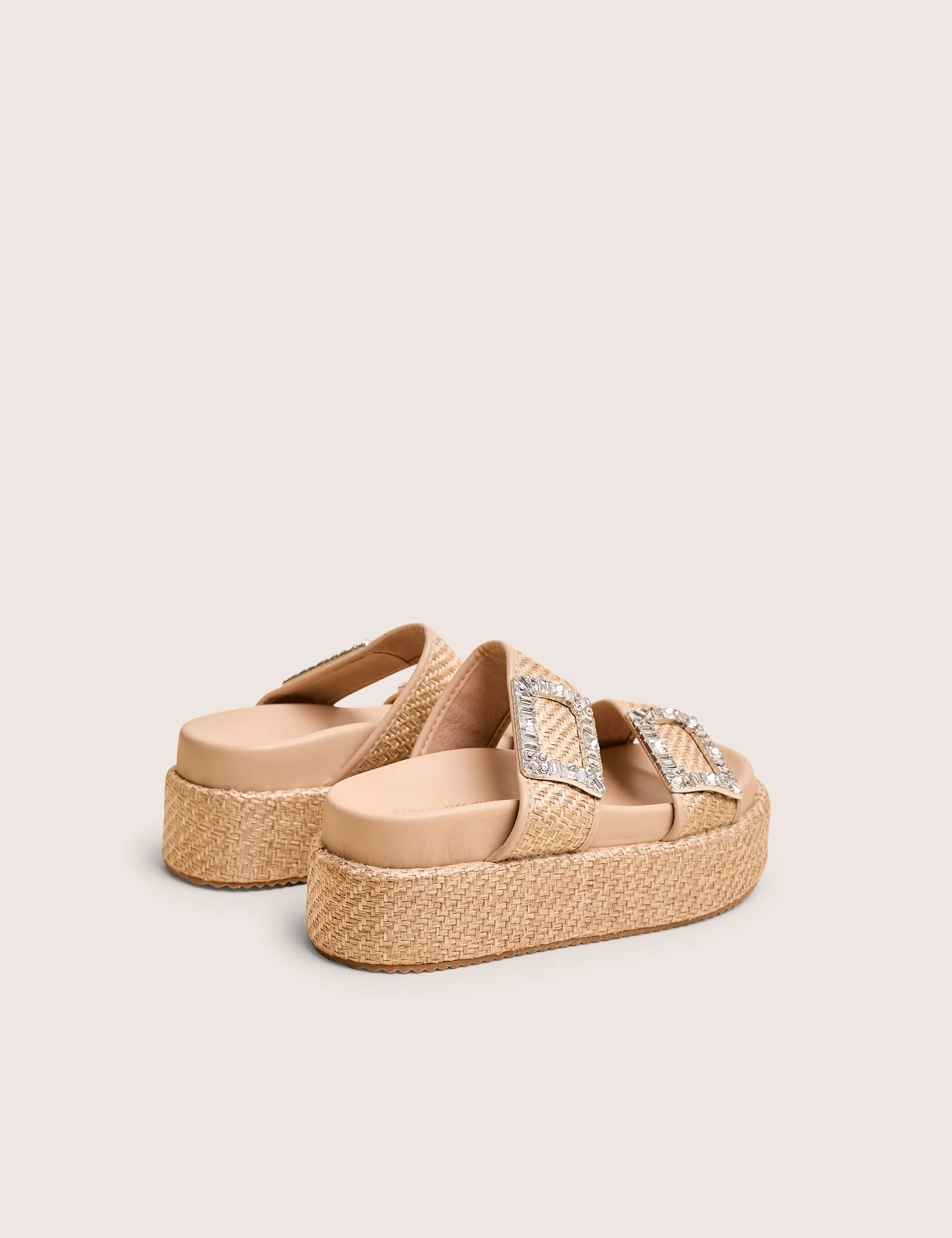 Y2k Slippers Bettie Natural Rattan Diamante Buckle Detail Flatform Slider Sandals