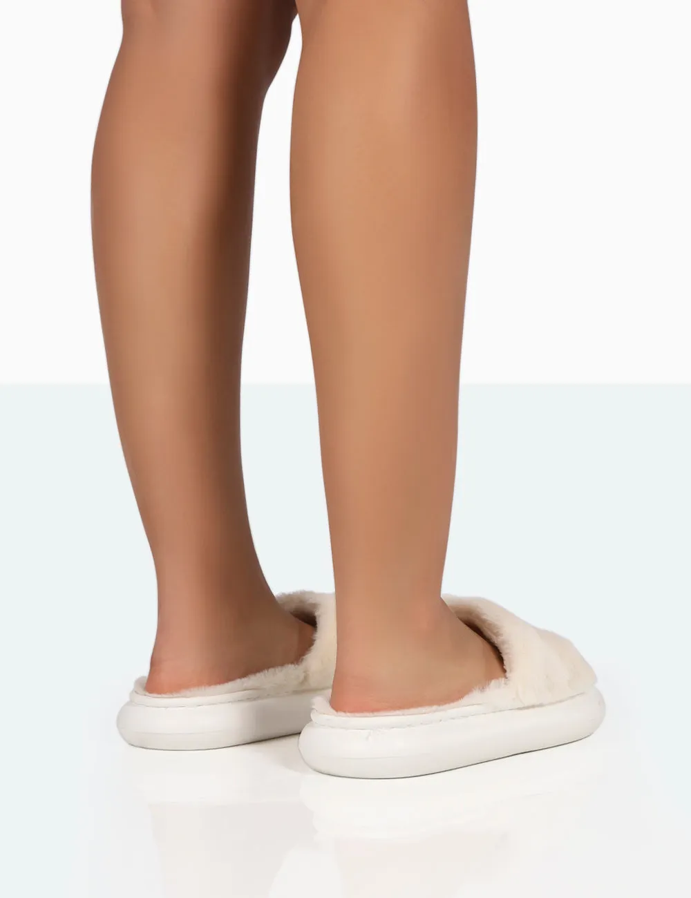Slippers In Korean Bashful Ecru Faux Fur Chunky Sole Slider Slippers
