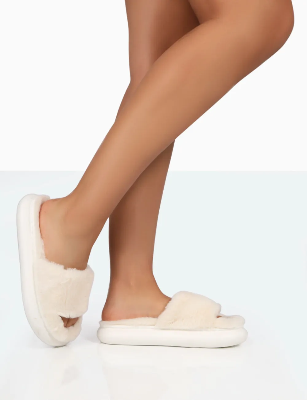 Bashful Ecru Faux Fur Chunky Sole Slider Slippers Grass Slides