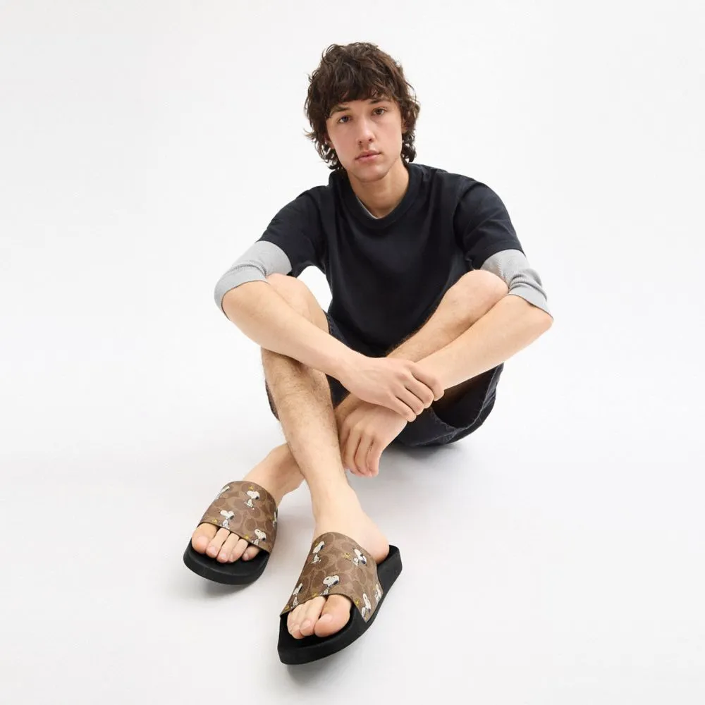 Coach Coach X Peanuts Pool Slide In Signature Canvas With Snoopy Print Tan Casual Shoes With Dress