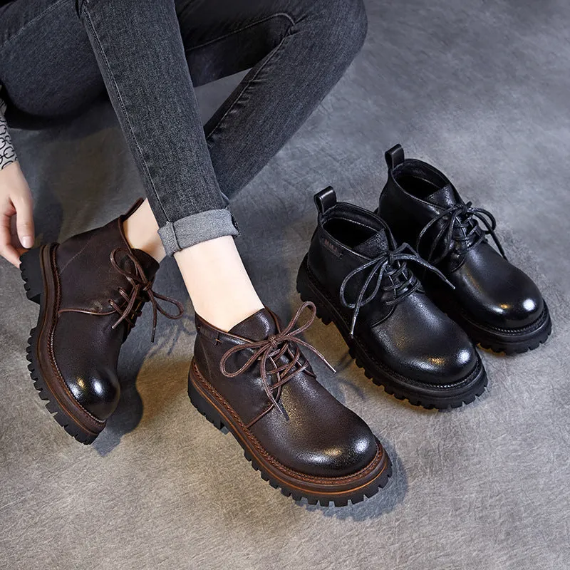Women Retro Solid Leather Lug Sole Ankle Boots Thermoball Boots