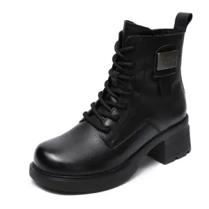 Women Retro Solid Leather Low Block Ankle Boots Leather Platform Boots