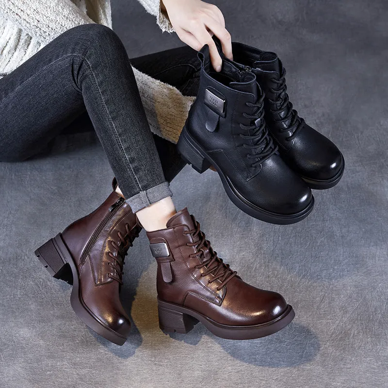 Deniro Boots Women Retro Solid Leather Low Block Ankle Boots