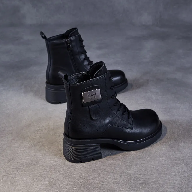 Women Retro Solid Leather Low Block Ankle Boots Chunky Platform Ankle Boots