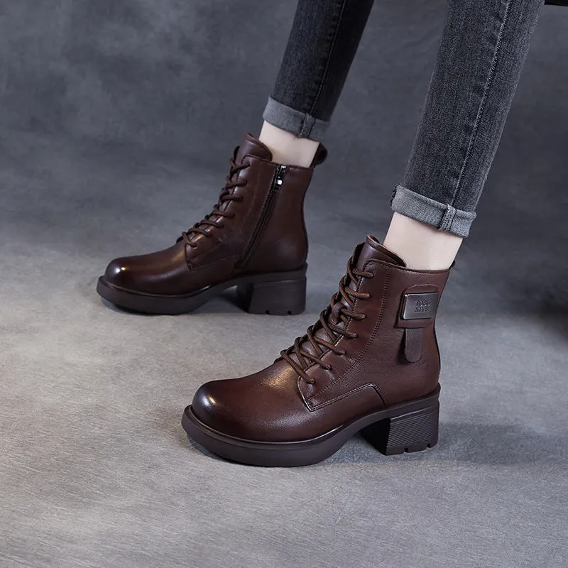 Women Retro Solid Leather Low Block Ankle Boots Fold Over Wedge Boots