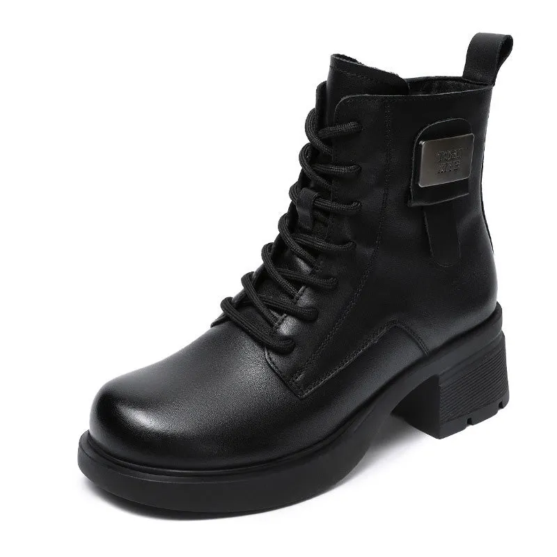 Women Retro Solid Leather Low Block Ankle Boots American Boots