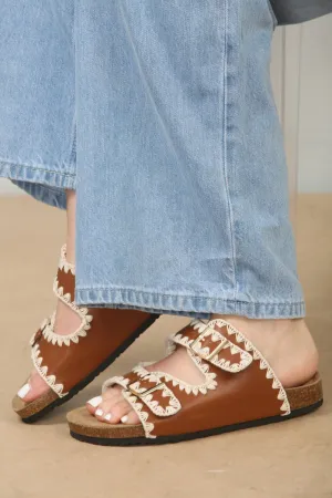 CONTRAST STITCH TAN SOFT FOOTBED SUMMER FLAT SLIDERS SANDALS Low Heel Slides