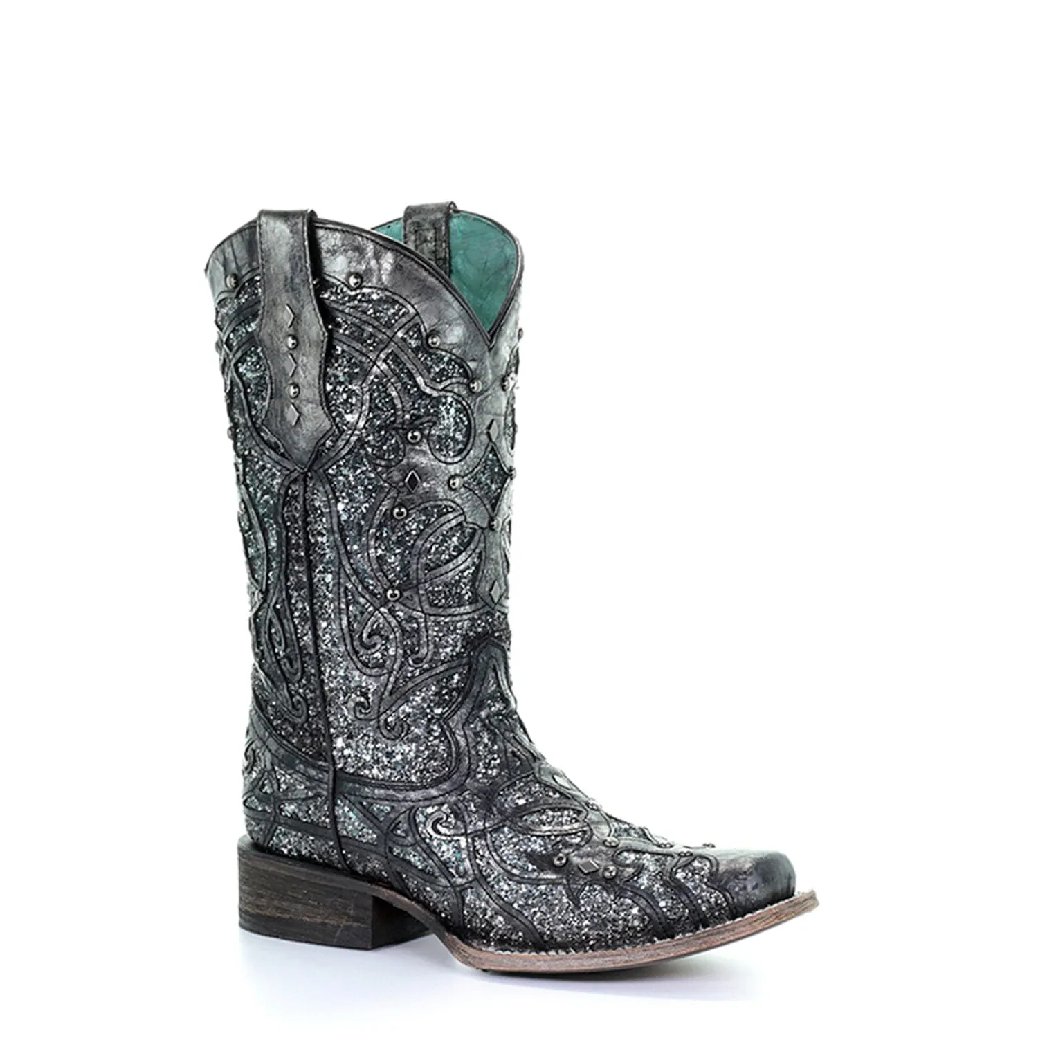 Rounded Toe Cowboy Boots Corral Womens Glittered Inlay Studs Black/Silver Cowhide Cowboy Boots