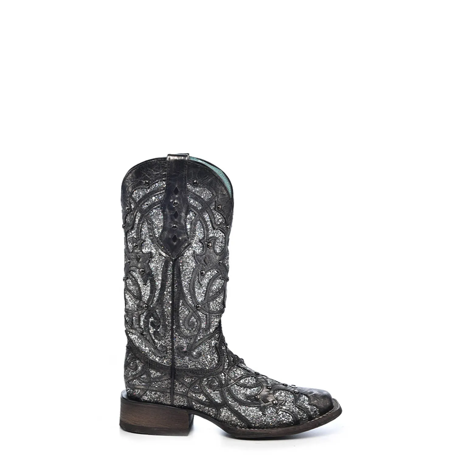 Corral Womens Glittered Inlay Studs Black/Silver Cowhide Cowboy Boots Biker Western Boots