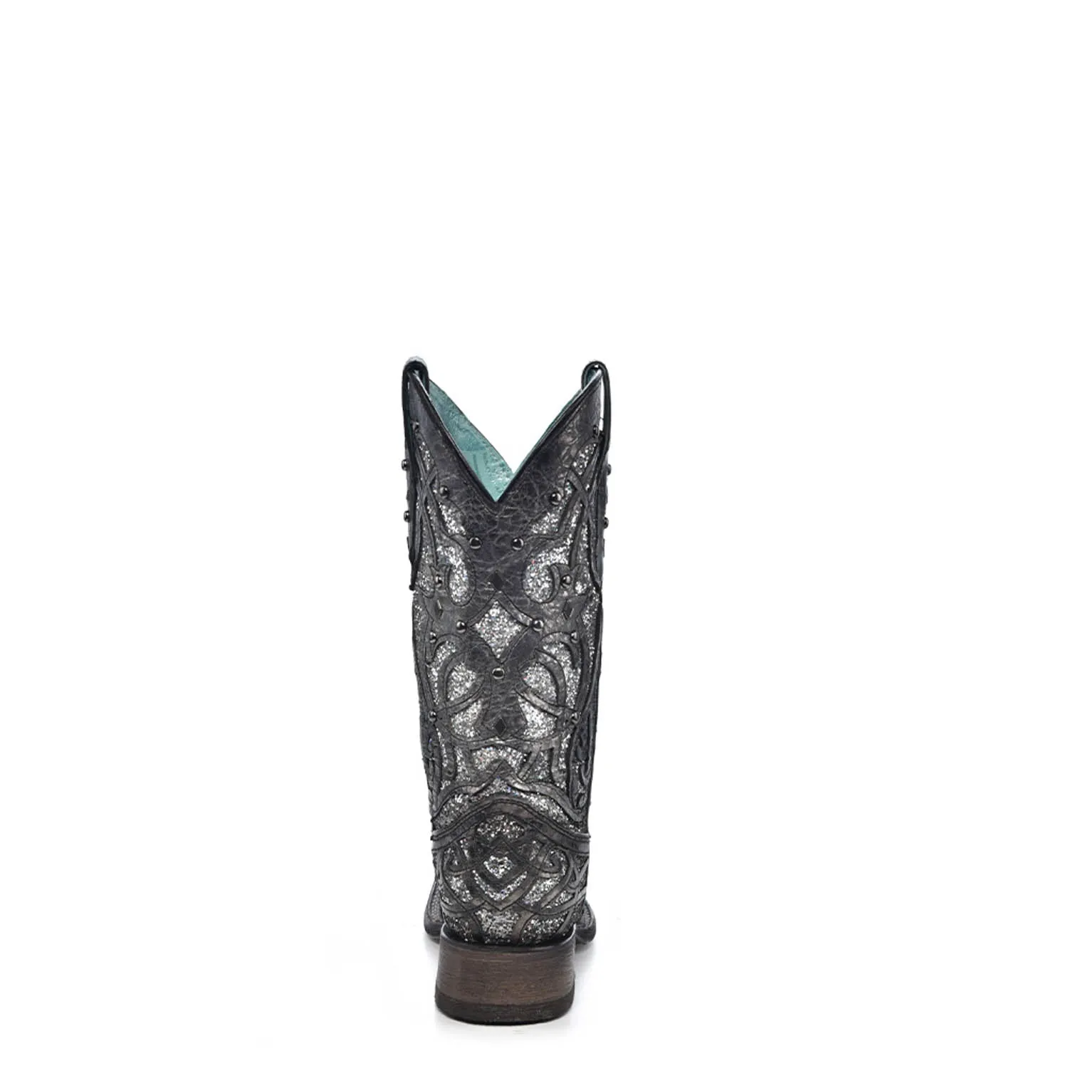 Knee High Boots Style Corral Womens Glittered Inlay Studs Black/Silver Cowhide Cowboy Boots