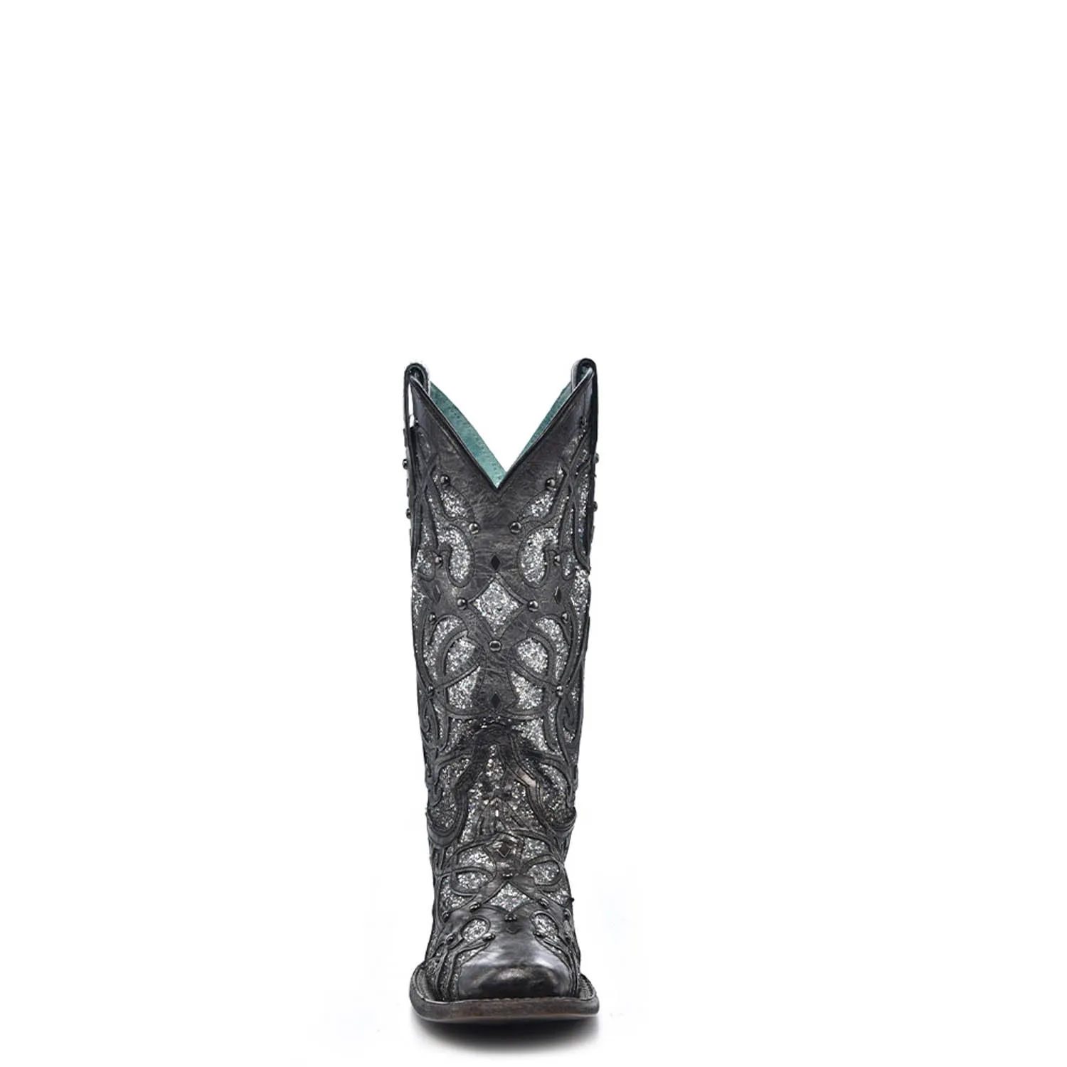 Boots Drawing Corral Womens Glittered Inlay Studs Black/Silver Cowhide Cowboy Boots