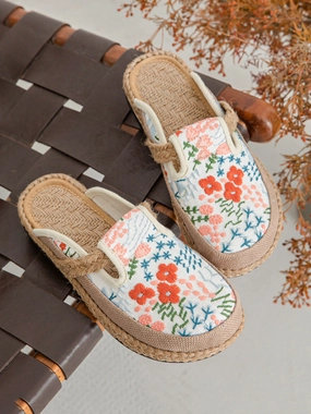Cotton Ethnic Flower Embroidery Women Slippers Summer Girls Basketball Shoes