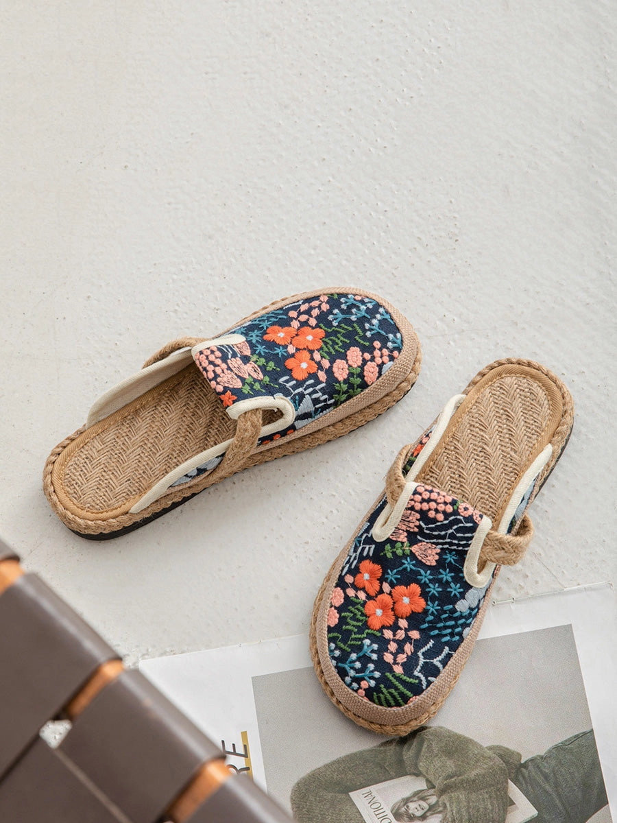 Cotton Ethnic Flower Embroidery Women Slippers Summer Blossom Basketball Shoes