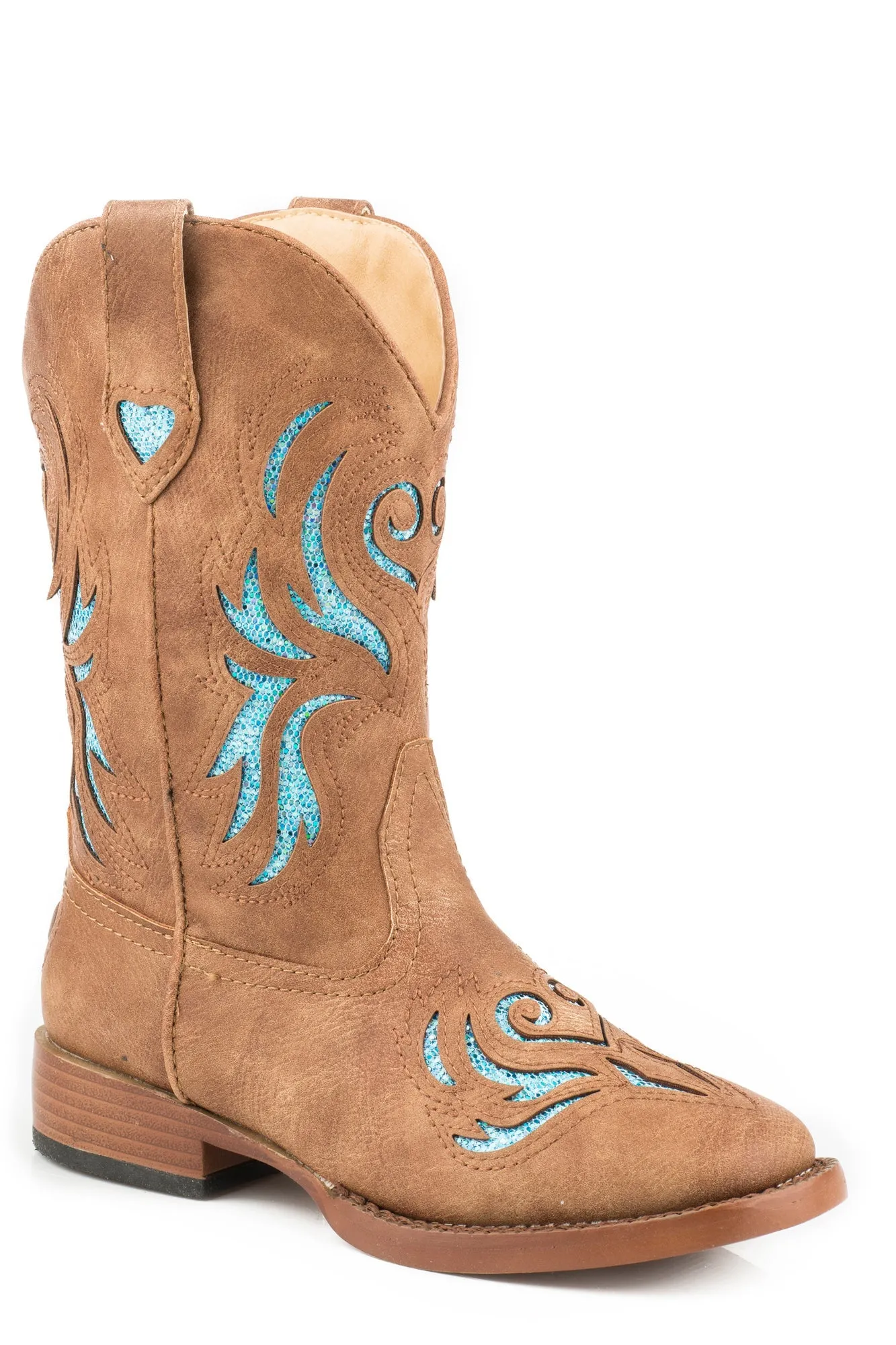 Ankle Heel Boots Roper Kids Girls Glitter Breeze Tan/Blue Faux Leather Cowboy Boots