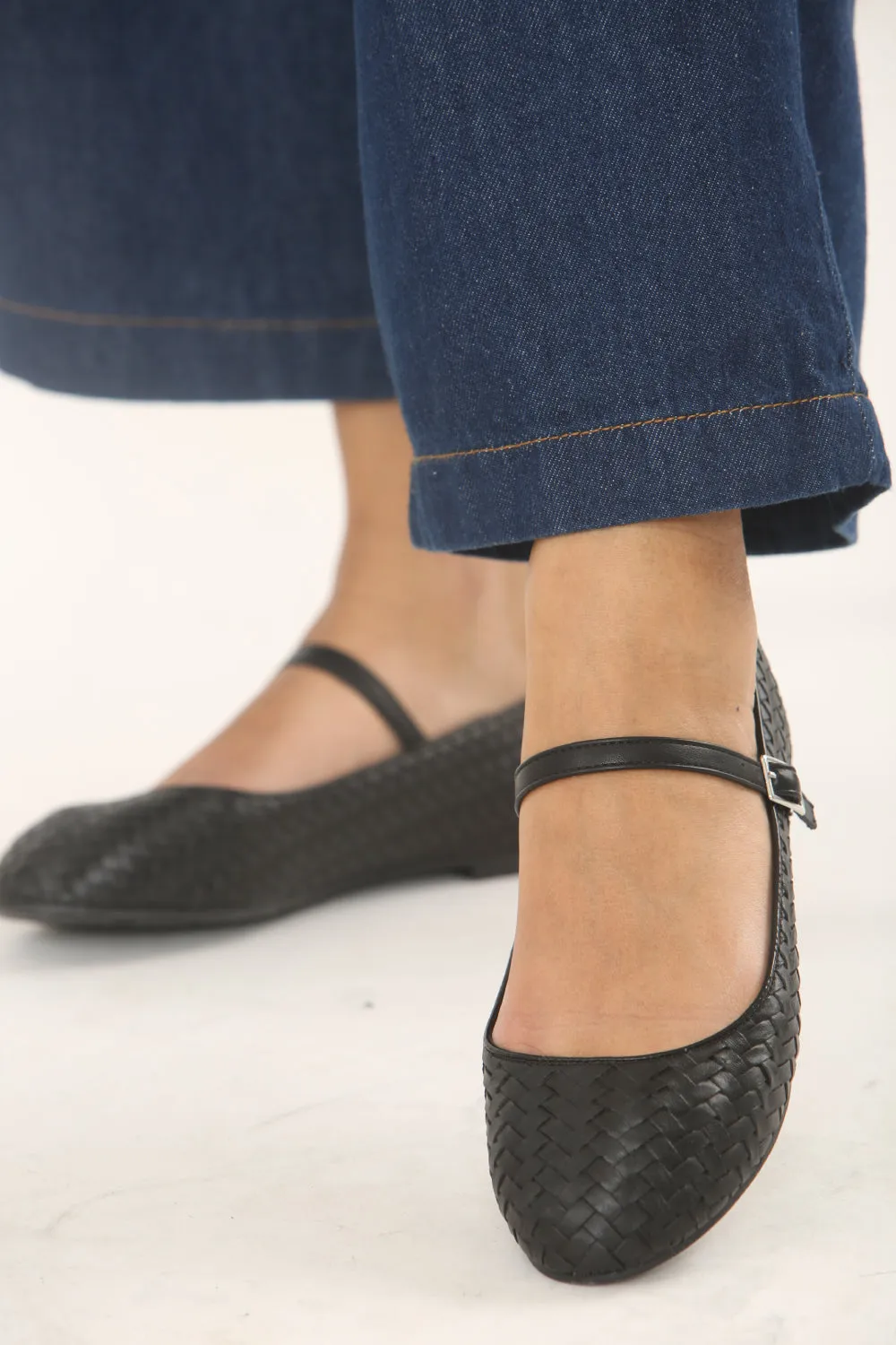 BLACK WOVEN MARY JANE BALLET Felt Bottom Slippers