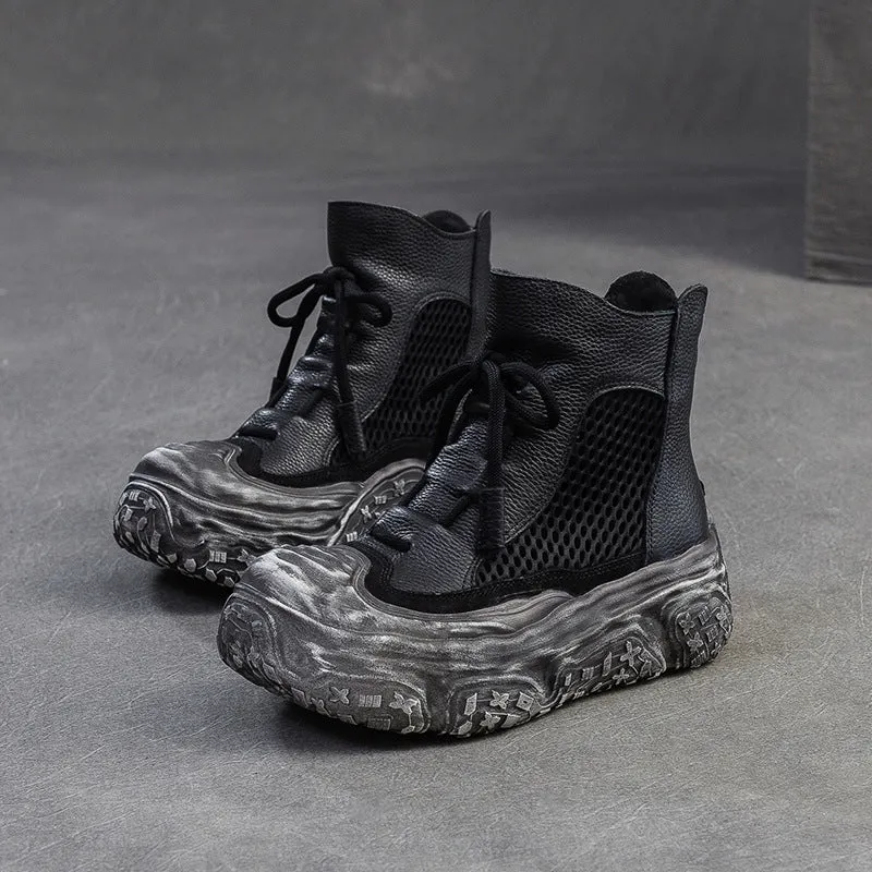 Bargain Boots Women Retro Leather Breathable Mesh Chunky Platform Boots