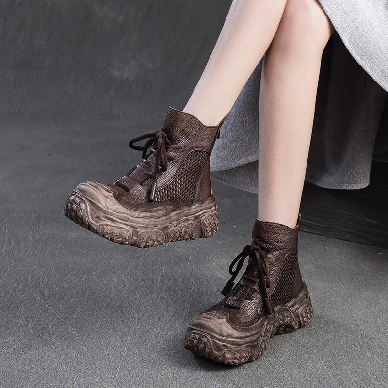 Hunter Boots Discount Women Retro Leather Breathable Mesh Chunky Platform Boots