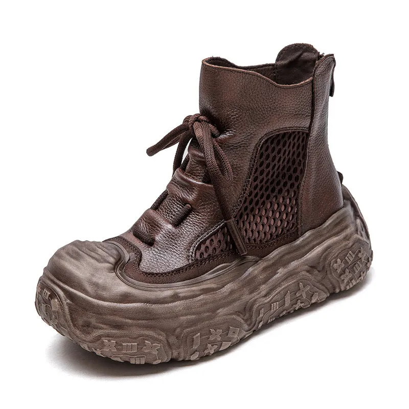 Women Retro Leather Breathable Mesh Chunky Platform Boots Best Horse Riding Boots