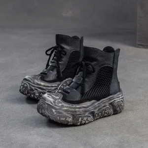 Furry Moon Boots Women Retro Leather Breathable Mesh Chunky Platform Boots
