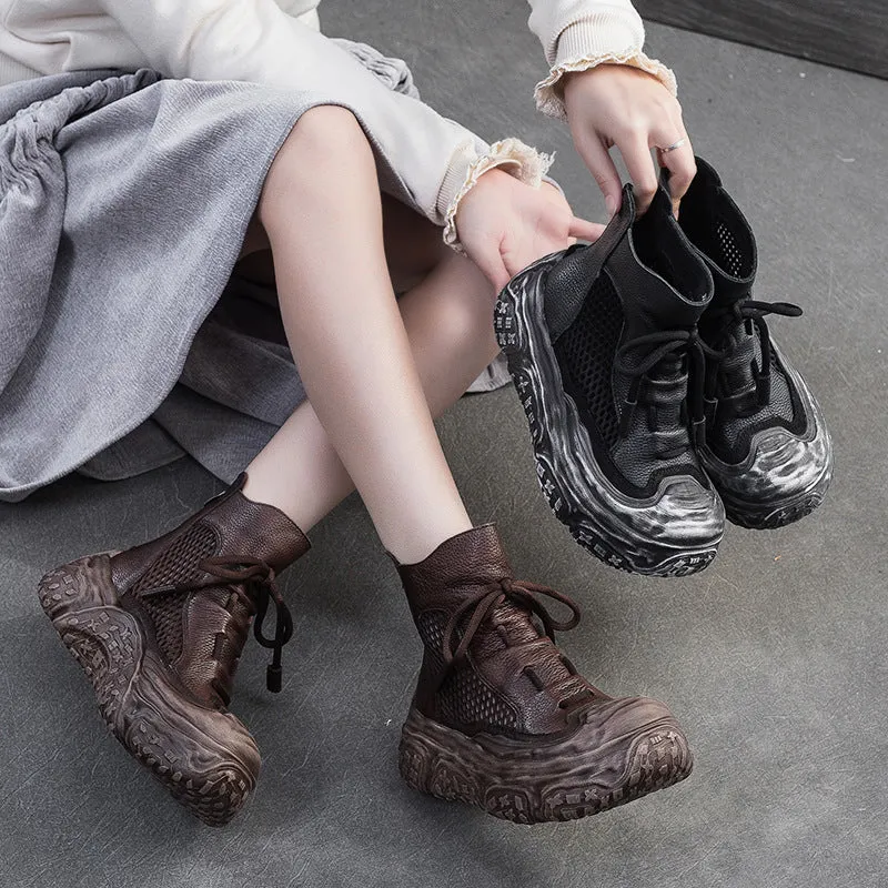 Boots Lyrics Women Retro Leather Breathable Mesh Chunky Platform Boots