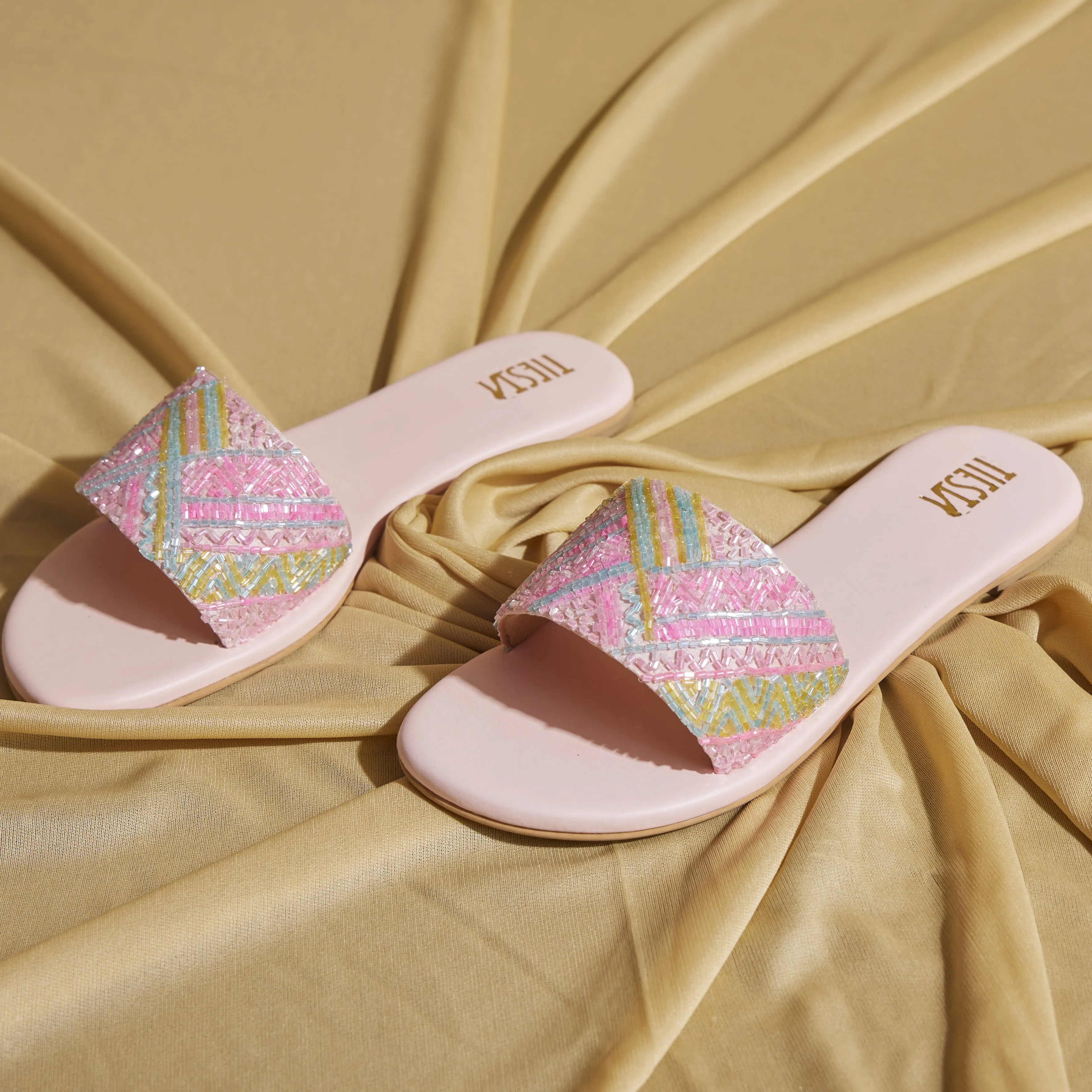 Pig Slippers Custom white mirror work flats