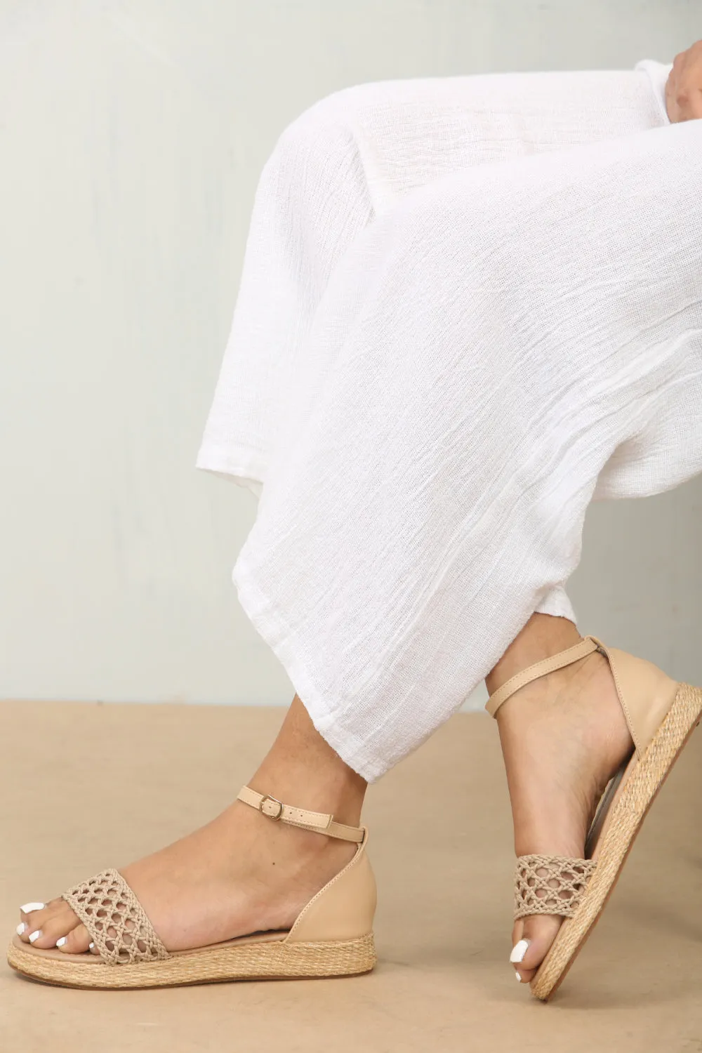 DARK NUDE MESH DETAIL CLOSED BACK ANKLE STRAP SANDAL Fur Monster Slippers