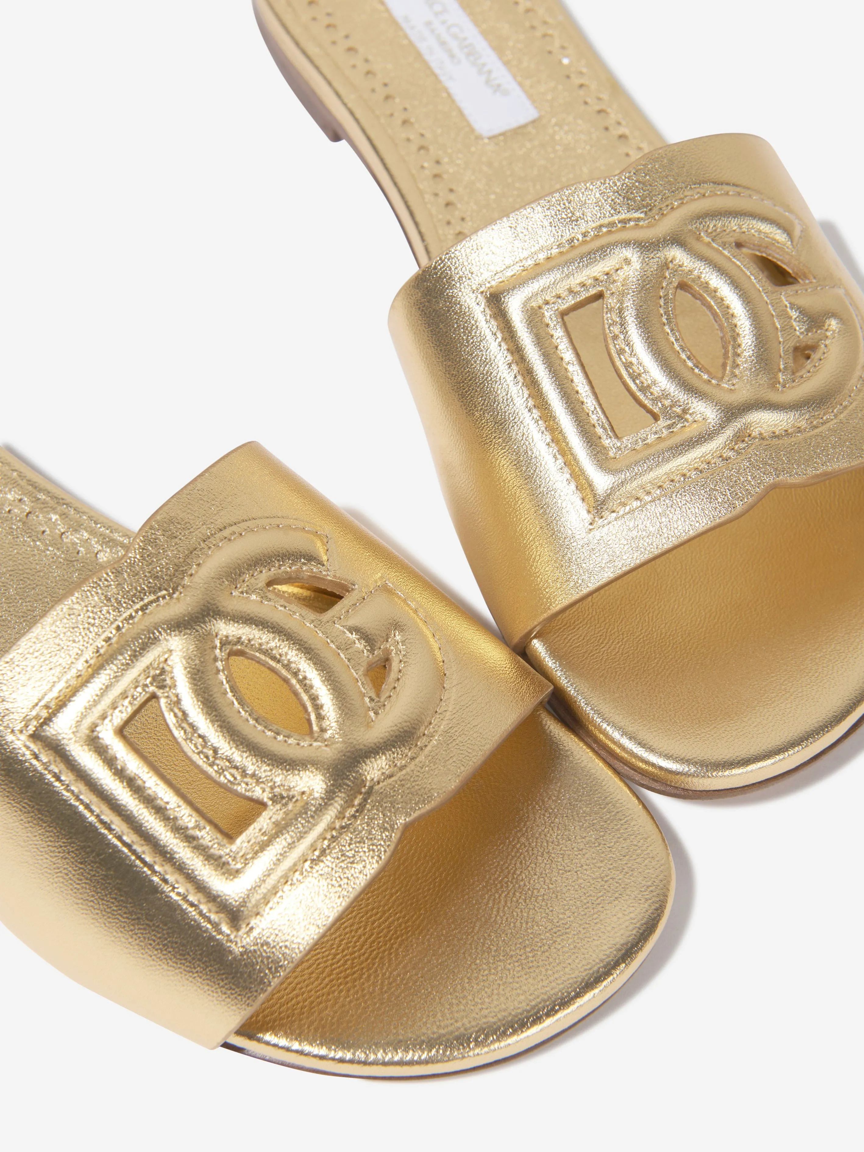 Pillows Of Slippers Dolce & Gabbana Girls Leather Logo Slider Sandals In Gold