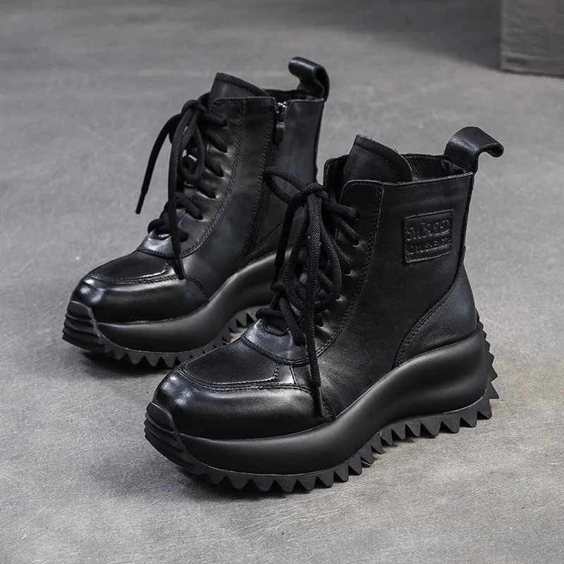 Tall Gloss Rain Boots Women Vintage Solid Leather Lug Sole Ankle Boots