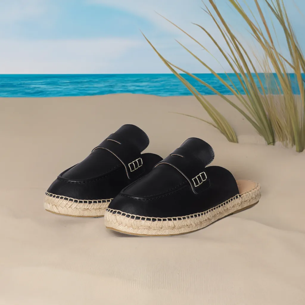 Good Slippers For Sweaty Feet Esme - Wide Fit Espadrille Loafer Sliders - Black Leather