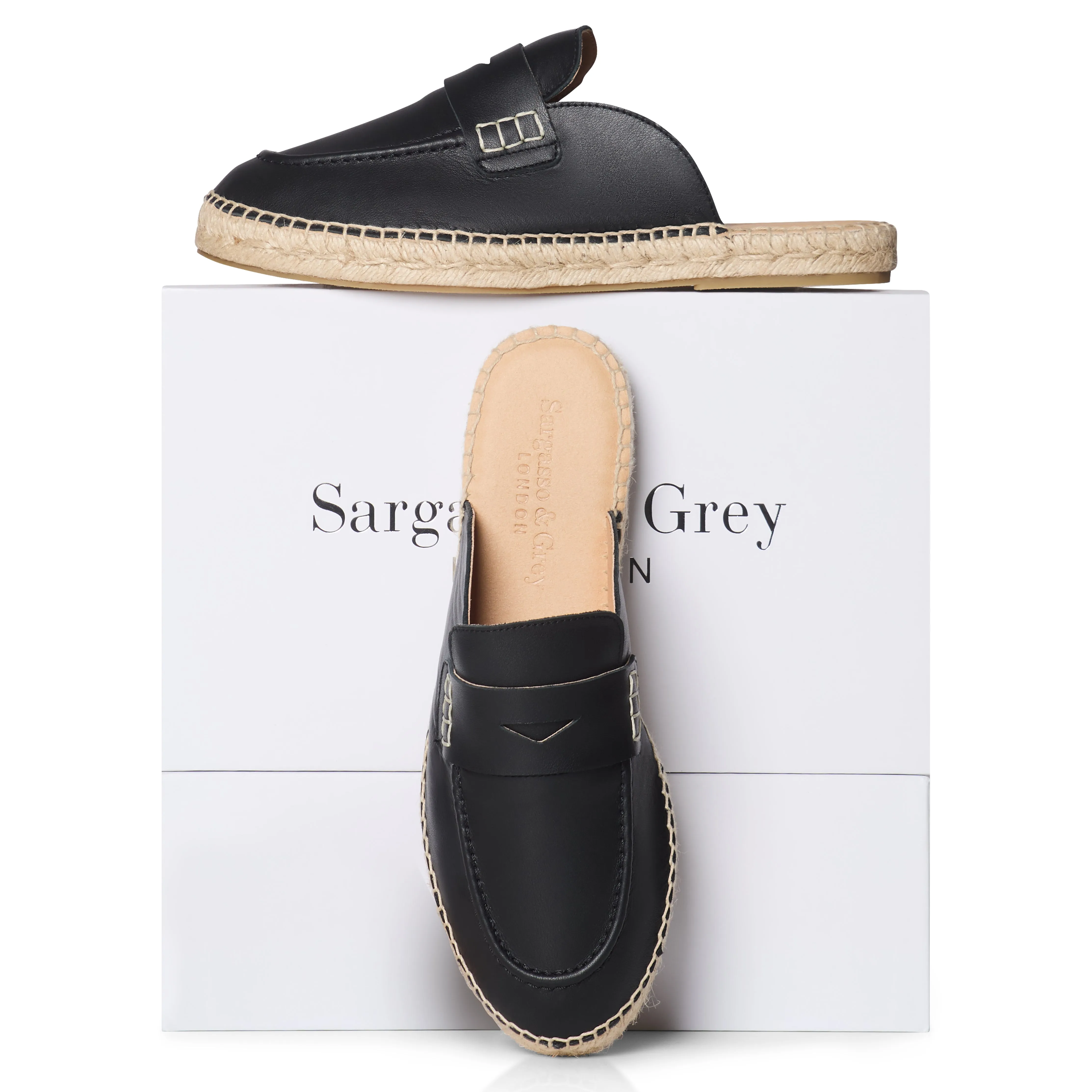 Esme - Wide Fit Espadrille Loafer Sliders - Black Leather Korean Slippers