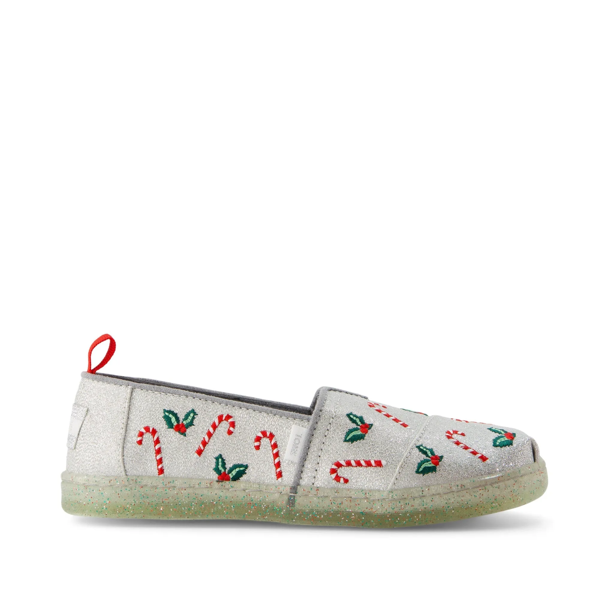 Youth Alpargata Silver Shimmer Embroidered Candy Canes Kids Shoe Best Casual Shoes For Tech Chinos