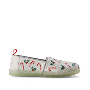Soft Shoes Casual Youth Alpargata Silver Shimmer Embroidered Candy Canes Kids Shoe