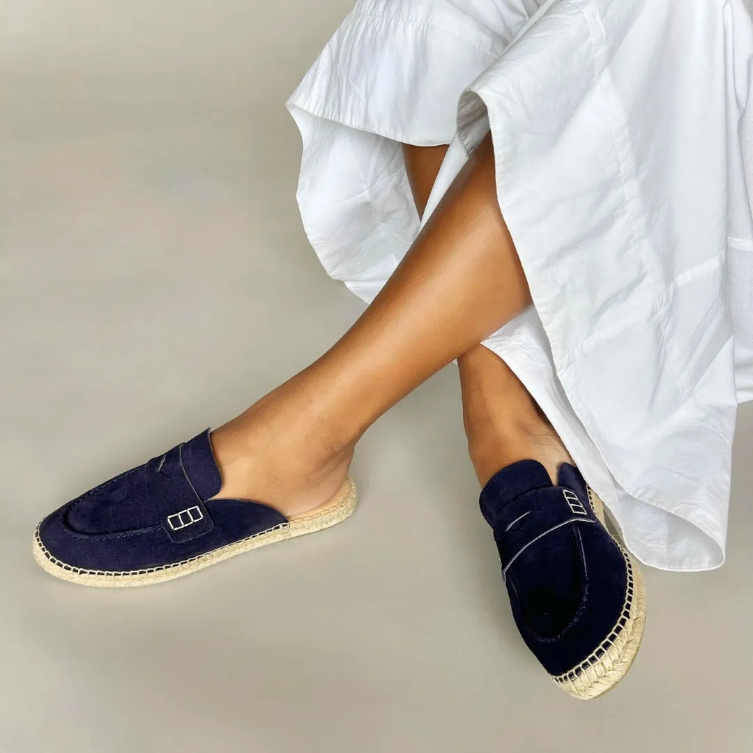 Esme - Wide Fit Espadrille Loafer Sliders - Navy Suede Socks Slippers With Grips
