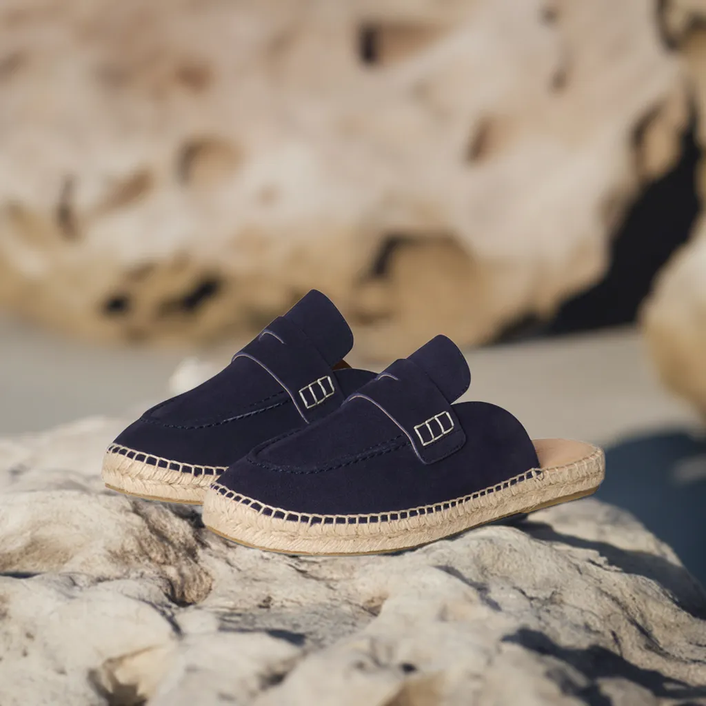 Slippers Elephant Esme - Wide Fit Espadrille Loafer Sliders - Navy Suede