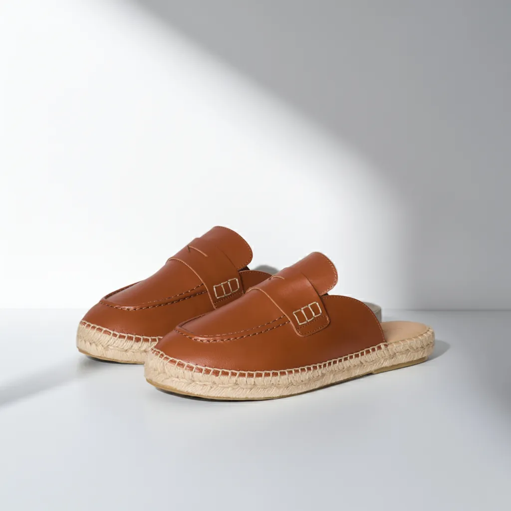 Esme - Wide Fit Espadrille Loafer Sliders - Tan Leather Premium Ultra Comfort Sole Slippers